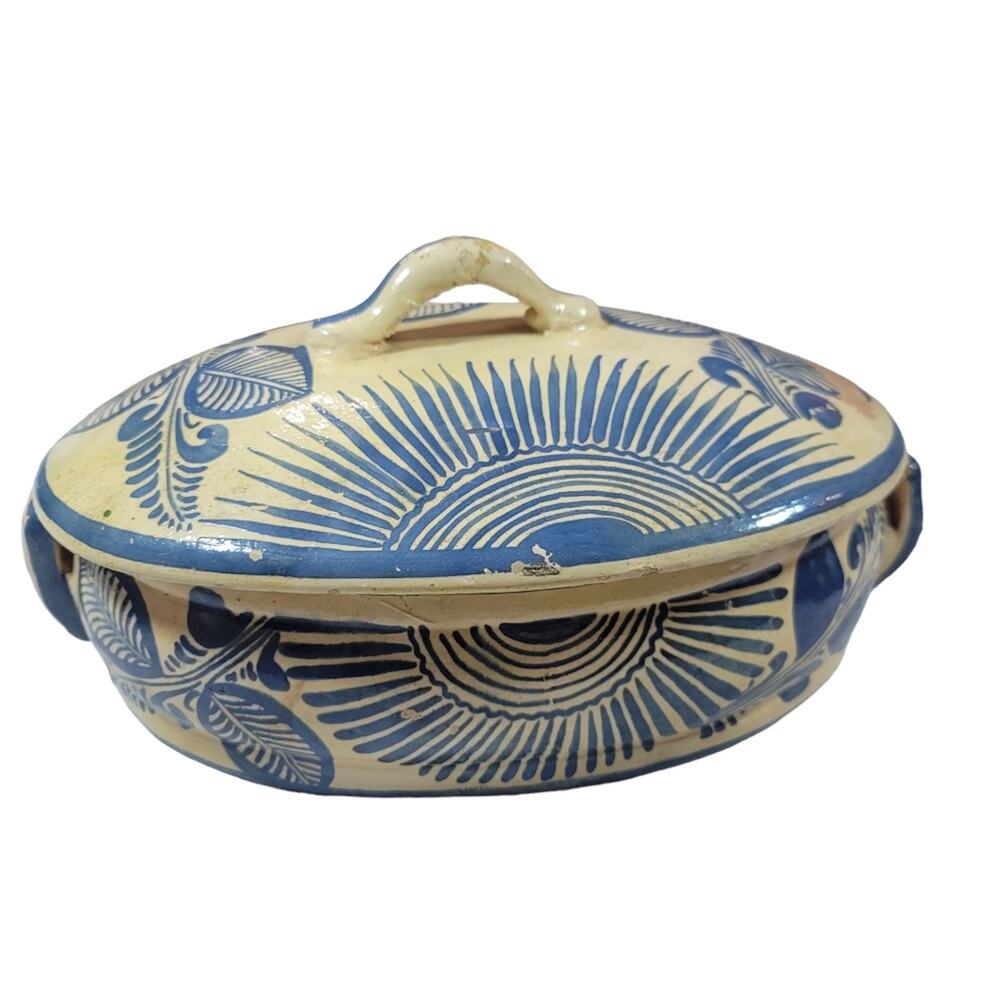 Vintage Mexican Pottery Handmade Handpainted Oval Casserole Dish Blue Cream